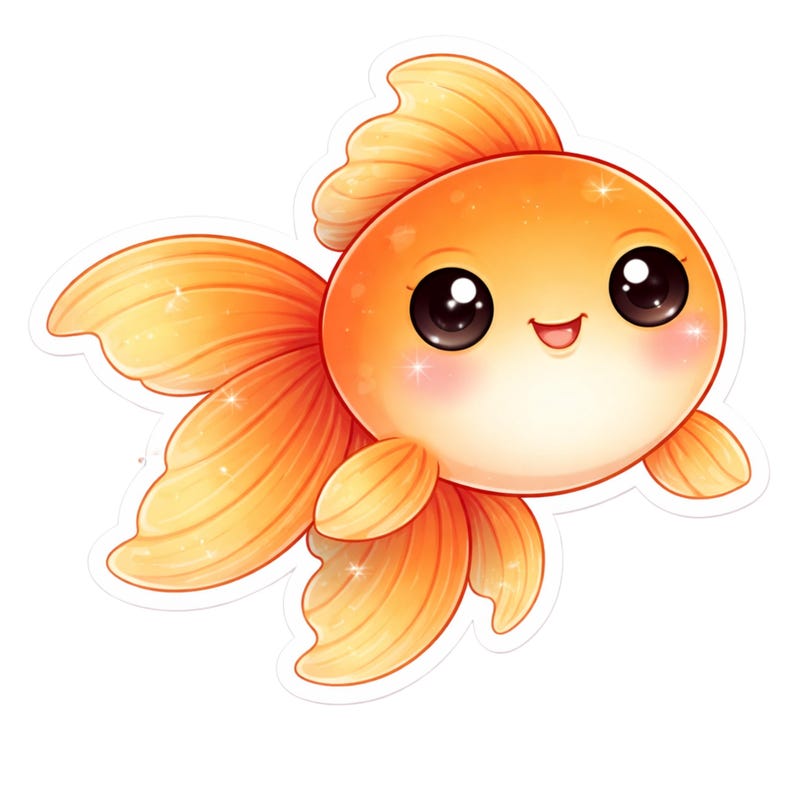 Puede incluir: Un simp&aacute;tico pez dorado de dibujos animados con un cuerpo redondo y ojos grandes y expresivos. El pez es principalmente naranja con aletas de color naranja claro y una boca sonriente. La imagen tiene un estilo suave e ilustrado con reflejos y rubor.