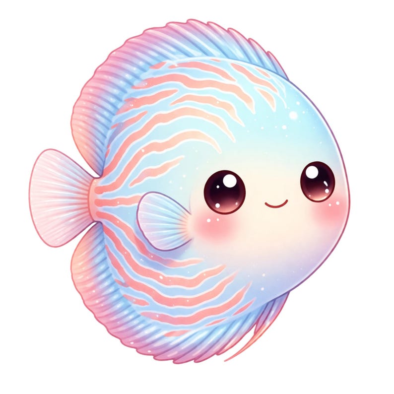 Puede incluir: Ilustraci&oacute;n de dibujos animados de un pez disco con una expresi&oacute;n amigable. El pez presenta un cuerpo azul claro con rayas rosas y naranjas, mejillas rosas y ojos grandes y oscuros. Las aletas son una mezcla de rosa y azul.
