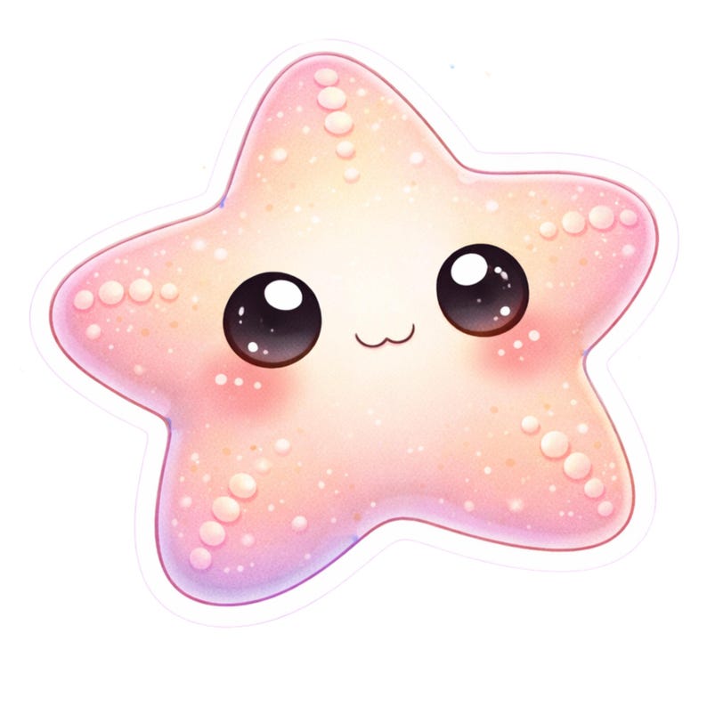 Puede incluir: Una linda pegatina de estrella de mar estilo caricatura con una cara sonriente. La estrella de mar es rosa con un degradado de rosa m&aacute;s claro y amarillo en el centro. Tiene ojos grandes y negros y peque&ntilde;os puntos blancos alrededor de los bordes.