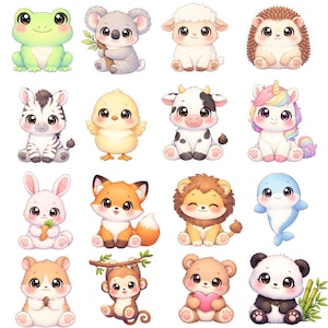 May include: Sixteen cute cartoon animal illustrations, featuring a frog, koala, sheep, hedgehog, zebra, chick, cow, unicorn, rabbit, fox, lion, dolphin, hamster, monkey, bear, and panda. Each character has large eyes and a friendly expression.