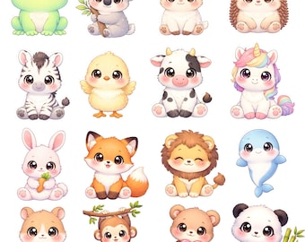 Kawaii Animal Clipart Bundle with 20 Cute Designs, 300 DPI JPEG and Transparent PNG Files, 4200x4200 Pixels, Digital Download