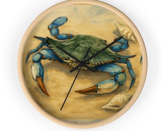 Crab Art Wooden Wall Clock, Coastal Beach House Decor