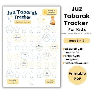 May include: A printable PDF "Juz Tabarak Tracker" for kids, featuring a star chart to track memorization progress. The design includes illustrations, text, and the words "Ages 6-12". The tracker is for Surah Al-Mursalat to Al-Mulk.