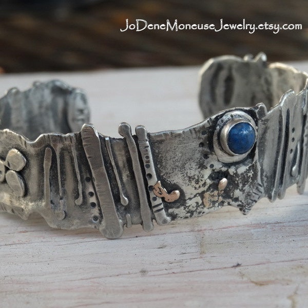 CUSTOM ORDER - RESERVED Unique artisan Cuff,sterling silver,14k gold,rustic,textured,fused,oxidized, denim lapis