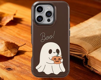 Cute Halloween Ghost Pumpkin Phone Case, Brown “Boo!” Fall Aesthetic iPhone 17 16 15 14 13 12 11 Pro Max, Samsung Galaxy S25 S24 S23 Case