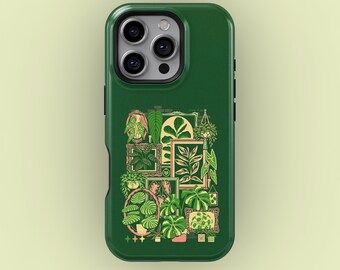 May include: A dark green phone case with a collage of framed botanical illustrations in green, pink, and beige. The design features various plants and leaves, creating a nature-inspired aesthetic. The case has a glossy finish and a camera cutout.