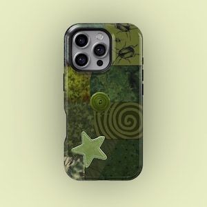 May include: A green and black phone case with a patchwork design. The case features a variety of green patterns, including stars, spirals, and insect illustrations. A green star and a button are also visible.