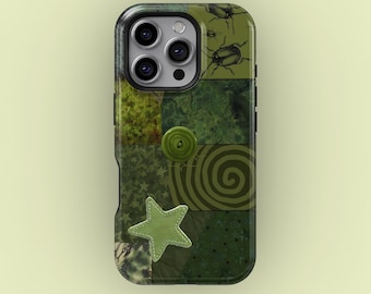 Green Patchwork Grunge Star Beetle iPhone 17 16 15 14 13 Pro Max, Samsung S26 S24 S23 Case, Vintage Collage Aesthetic Protective Phone Cover