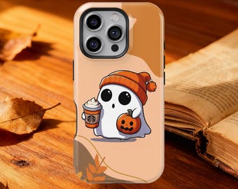 Cute Halloween Ghost with Pumpkin & Coffee Phone Case, Autumn Latte Ghost iPhone 17 16 15 14 13 12 Pro Max, Samsung Galaxy S25 S24 S23 Ultra