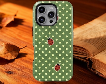 Cute Ladybug Polka Dot Phone Case for iPhone 17 16 15 14 Pro Max, Samsung S25 S24 S23 Ultra, Green Cottagecore Bug Pattern Protective Cover