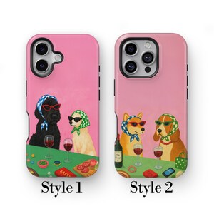 May include: Two pink phone cases featuring illustrations of dogs in sunglasses and headscarves, enjoying wine and snacks. One case is labelled "Style 1" and the other "Style 2".