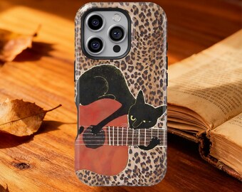 Etui na telefon z gitarą w stylu retro z czarnym kotem na iPhone'a 17 16 15 14 Pro Max, zabawny kot w panterkę, uroczy estetyczny kot grający na gitarze Samsung Galaxy S25 S24 Ultra