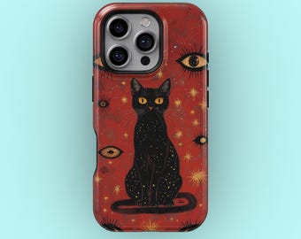 Cute Black Cat Phone Case, Mystical Cat Aesthetic Cover for iPhone 17 16 15 14 Pro Max, Vintage Cat Art Case for Samsung S24 S25 Ultra