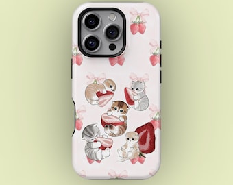 Strawberry Cat Phone Case for iPhone 17 16 15 14 13 12 11 Pro Max, Pastel Cute Cover for Samsung Galaxy S25 S24 S23 S22 S21 Ultra