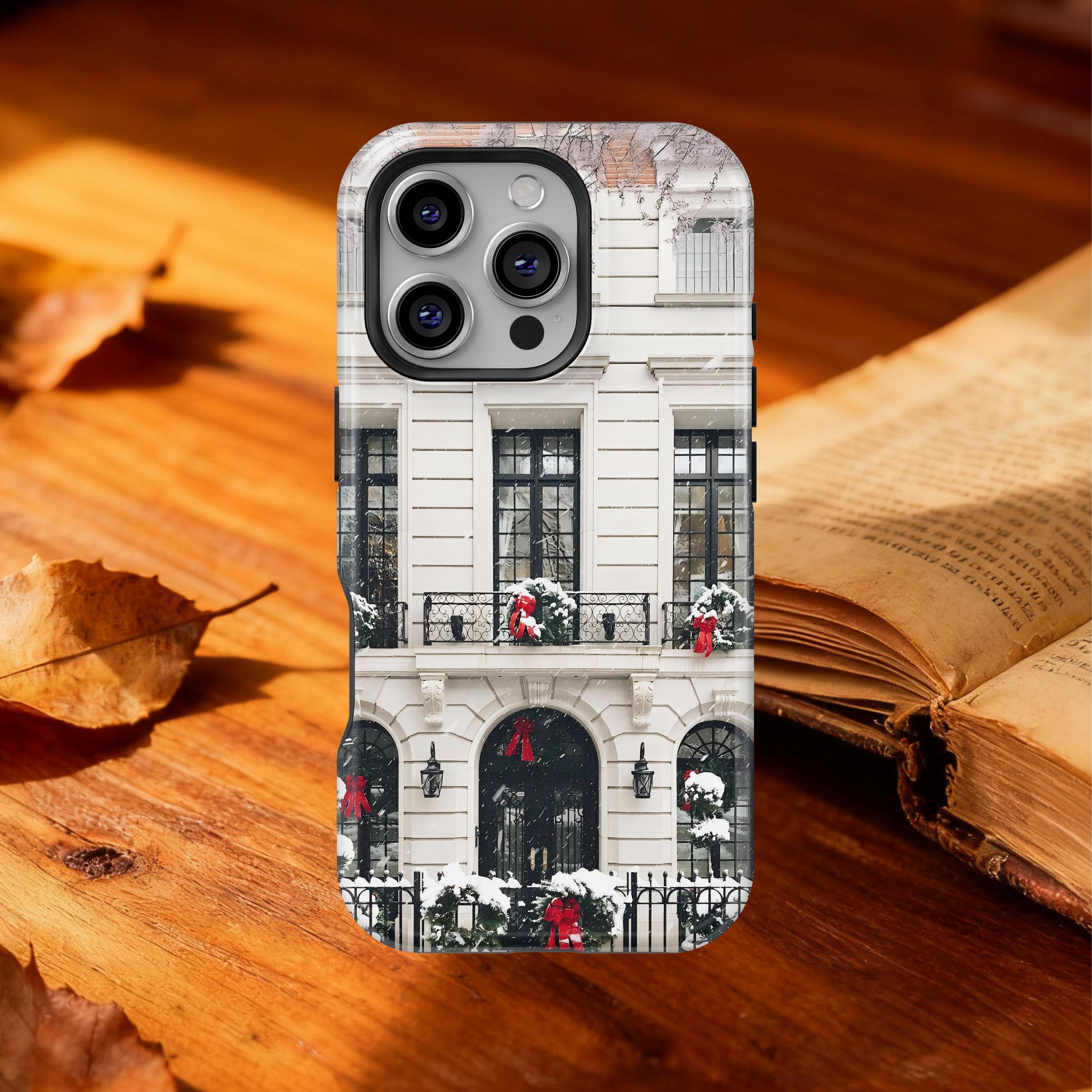 Winter Christmas House iPhone Case 17 16 15 14 13 12 11 Pro Max Samsung S24 S23 S22, Elegant Snowy Building Holiday Aesthetic Phone Cover