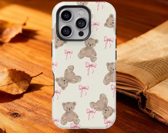 Teddy Bear Phone Case for iPhone 17 16 15 14 Pro Max, Cute Pink Bow Soft Aesthetic Cover for Samsung S25 S24, Kawaii Coquette Gift for Her