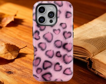 Roze luipaardprint patroon ontwerp telefoonhoesje voor iPhone 17 16 15 14 13 Pro Max, hartvorm beschermhoes voor Samsung Galaxy S20 S21 S22