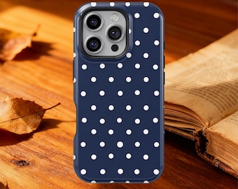 Custodia per telefono a pois blu navy per iPhone 17 16 15 14 13 12 11 Pro Max, Samsung Galaxy S25 S24 S23 S22 S21 Ultra