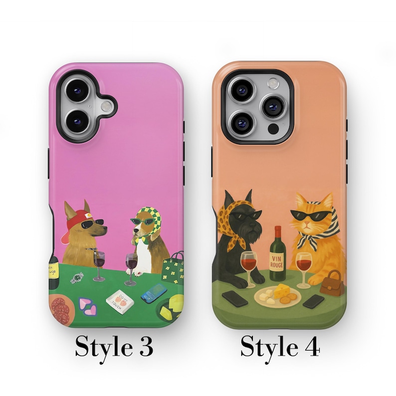 May include: Two phone cases featuring animal illustrations. One case is pink with dogs, the other is peach with a cat and dog. The cases have the text "Style 3" and "Style 4" at the bottom, perfect for animal lovers.