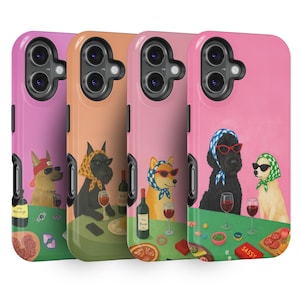 May include: Four phone cases featuring cartoon dogs enjoying wine and snacks. Each case shows a different dog breed wearing sunglasses and headscarves, with wine bottles and glasses. The cases are in shades of pink, orange, and green.
