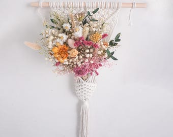Boho Macrame Dried Flower Wall Hanging Preserved Wildflowe Decor Neutral Wall Art for Bedroom Wedding Backdrop