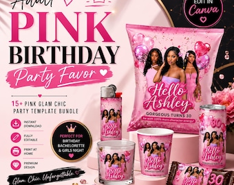 Paquete de plantillas para recuerdos de fiesta de cumpleaños para adultos: Plantilla editable de Canva, Plantilla de etiqueta para narguile Olit, Etiqueta para encendedor, Etiqueta para vaso de poliestireno, Envoltorio para cigarros