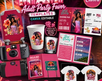Plantillas para recuerdos de fiesta para adultos Paquete de cumpleaños de Miami Plantilla editable de Canva Envoltorio desechable para cámara Vaso de poliestireno y vaso de chupito Tarjeta de embarque