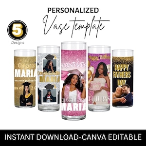 May include: Five clear cylindrical glass vase templates featuring personalized designs. The graphics include gold glitter, pink sparkles, and black backgrounds with text such as 'Congrats MARIA', 'Happy Birthday', and 'HAPPY FATHERS DAY' for Canva editing.