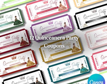 Plantilla de boleto de Quinceañera Merch, Pase de fiesta de Quinceañera, Cupón Sweet 16, Favores de fiesta de Quinceañera Boleto personalizado de regalo de Quinceañera