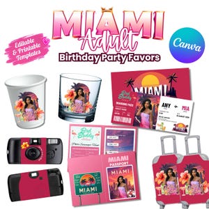 May include: A collection of Miami-themed party favor templates including a white cup, a glass, a boarding pass, a disposable camera, a scavenger hunt card, a passport, and luggage tags, all featuring tropical sunset graphics and the text Miami.