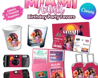 Plantillas para recuerdos de fiesta de cumpleaños para adultos Paquete de cumpleaños rosa Plantilla editable de Canva Camiseta Vaso de espuma Vaso de chupito Pasaporte de embarque
