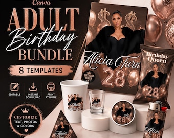 Bundel met sjablonen voor feestcadeautjes voor volwassenen: bewerkbare Canva-sjabloon, Olit waterpijp-etiket, aansteker-etiket, piepschuim beker-etiket, sigarenwikkel
