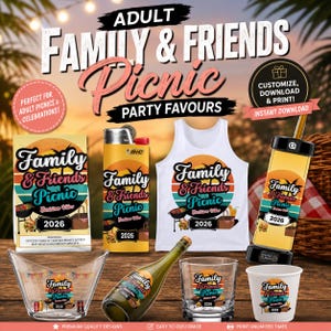 May include: A collection of party favors featuring the text Family & Friends Picnic 2026, including a white tank top, a lighter, a glass bowl, a wine bottle, a glass tumbler, a paper cup, and a tall cylindrical container, all with sunset graphics.