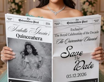 Quinceañera Save the Date Periódico Boda Save The Date Mis Quince Años Periódico Dulces 15 Periódico Anuncio de compromiso Publicación de boda