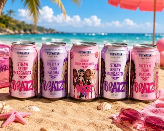 Plantilla editable para etiquetas de latas de Cutwater, envoltorio editable para latas de bebidas de cumpleaños, recuerdos para fiestas de cumpleaños de Bratz, plantilla de margarita en Canva, viaje de chicas