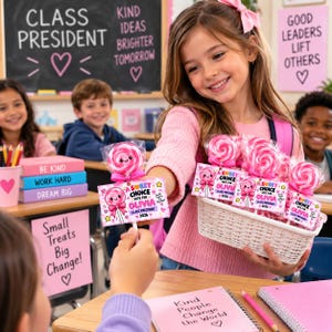 Puede incluir: Una cesta de mimbre blanca llena de piruletas de espiral rosa y blanca, cada una unida a una tarjeta rectangular con una ilustración de piruleta y el texto A SWEET CHOICE VOTE FOR OLIVIA CLASS PRESIDENT 2026 con un pequeño icono de corazón.