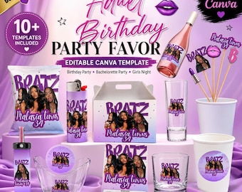 Paquete de recuerdos para fiestas de cumpleaños de adultos: bolsa de papas fritas, cubo de fiesta con vaso de chupito de poliestireno, etiqueta para bolígrafo de narguile Olit, plantillas editables de Canva.