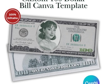 Plantilla de billete de 100 dólares Billetes de dólar personalizados Dinero falso imprimible y editable Regalo Dinero personalizado Arte con tu cara en el dinero Plantilla de Canva