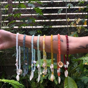 May include: A selection of beaded necklaces in a spectrum of colours, including white, blue, green, yellow, orange, and red. Each necklace is adorned with seashells and charms, set against a backdrop of foliage.