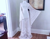 Sheer White Draped Lace Vintage Wedding Dress Art Deco Lace BoHo Hippie Beach Wedding Dress Womens Victorian LACE Angel Bell Sleeve Gown