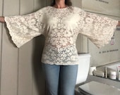 Vintage 70s Cream Cotton Crochet Lace Angel Bell Sleeve HIPPIE Wedding Runway Mini Dress Tunic Festival Top