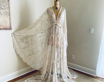 Vestido de novia de encaje de marfil boho con flecos + vestido de novia de maternidad, vestido de novia de manga de campana, vestido de novia boho, vestido de sesión de fotos