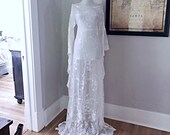 Art Deco Draped Lace Wedding Dress Sheer White Lace BoHo Hippie Beach Wedding Gown Womens Victorian LACE Bell Sleeve Bohemian Maxi Dress