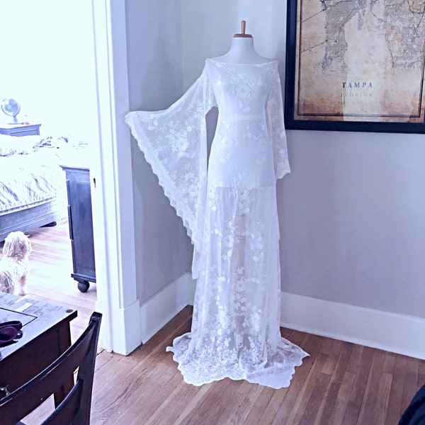 Simple Sheer White Lace Wedding Gown Size Small, Womens Boho Long Bell Sleeve White Lace Wedding Dress Elopement Gown, Avant Garde lace Gown