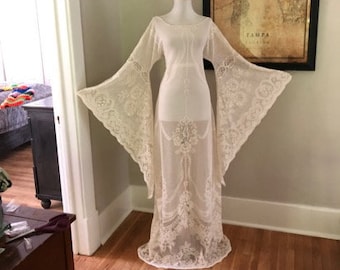 Vintage Lace Wedding Dress | Sheer Cream Lace BoHo Hippie Wedding Dress | Women's Victorian LACE Angel Bell Sleeve Maxi Dress