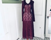 Vintage 90s Sheer lace dress Burgundy BoHo Lace Hippie Dress Women 39 s Sheer LACE Long Sleeve HIPPIE Wedding Maxi Corset Dress Size Small