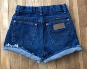 Vintage Wrangler Jean Shorts High Waist Dark Blue Denim WRANGLER Cut Off Jean Shorts Redone Restructured Vintage Blue Wrangler Shorts W 22