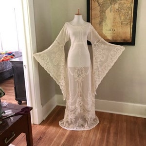 Vintage Lace Wedding Dress | Sheer Cream Lace BoHo Hippie Wedding Dress | Women's Victorian LACE Angel Bell Sleeve Maxi Dress