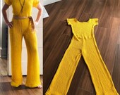 Vintage Crochet JUMPSUIT 70s Yellow Jumpsuit 1970s Hippie KNIT Bell Bottom Women 39 s Boho Romper Wide Leg retro 60s 70s Disco One Piece
