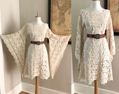 Bell Sleeve Vintage 70s Cream Crochet BoHo wedding Mini dress Hippie Desert Wedding Dress 1970s Sheer LACE Angel Sleeve MiNi Festival Dress